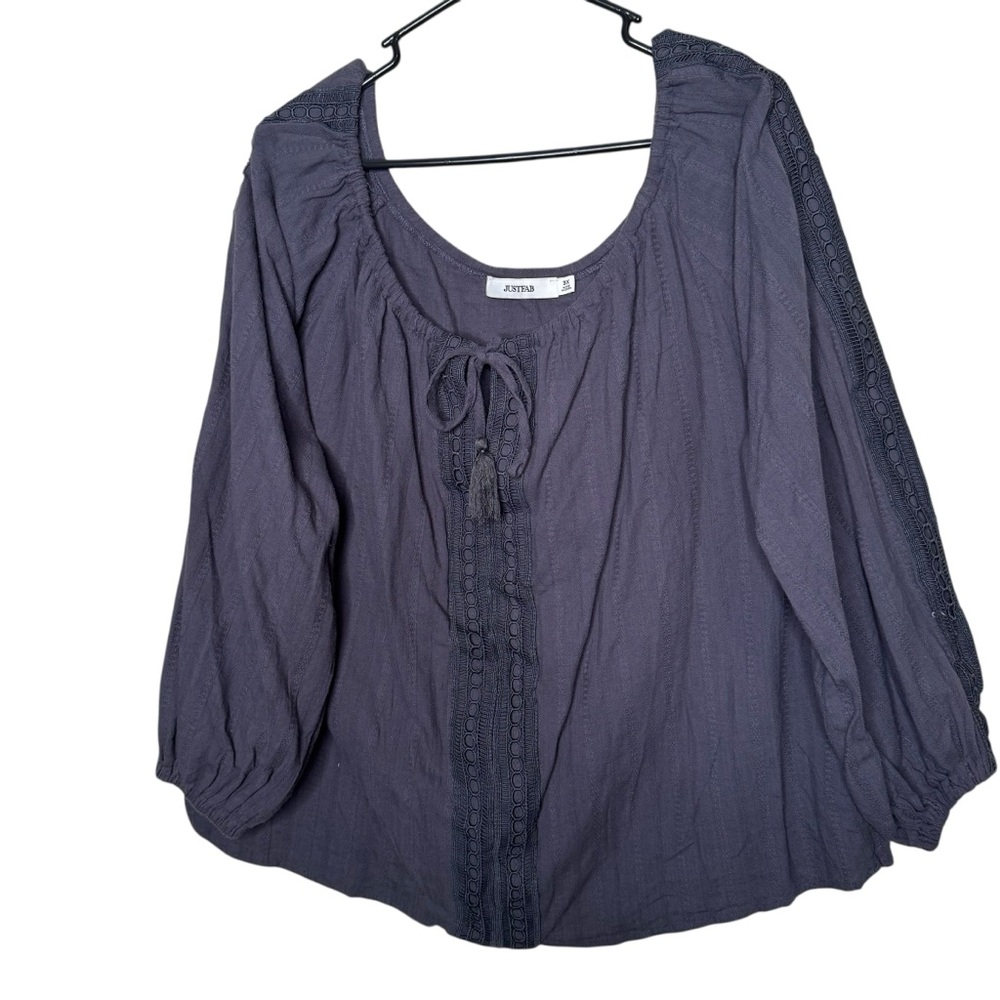 JustFab Women's Blue Peasant Blouse Lace Trim Size 3X Keyhole Tie Front
